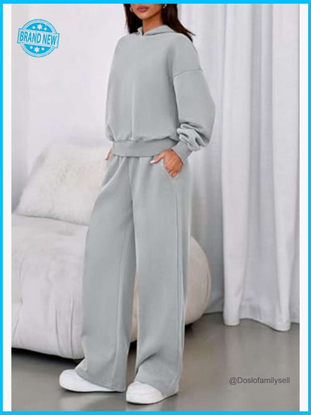 Cozy 2 Piece Hoodie & Wide Leg Sweatpants Set Loose Fit Tracksuit Lounge - Picture 3 of 7